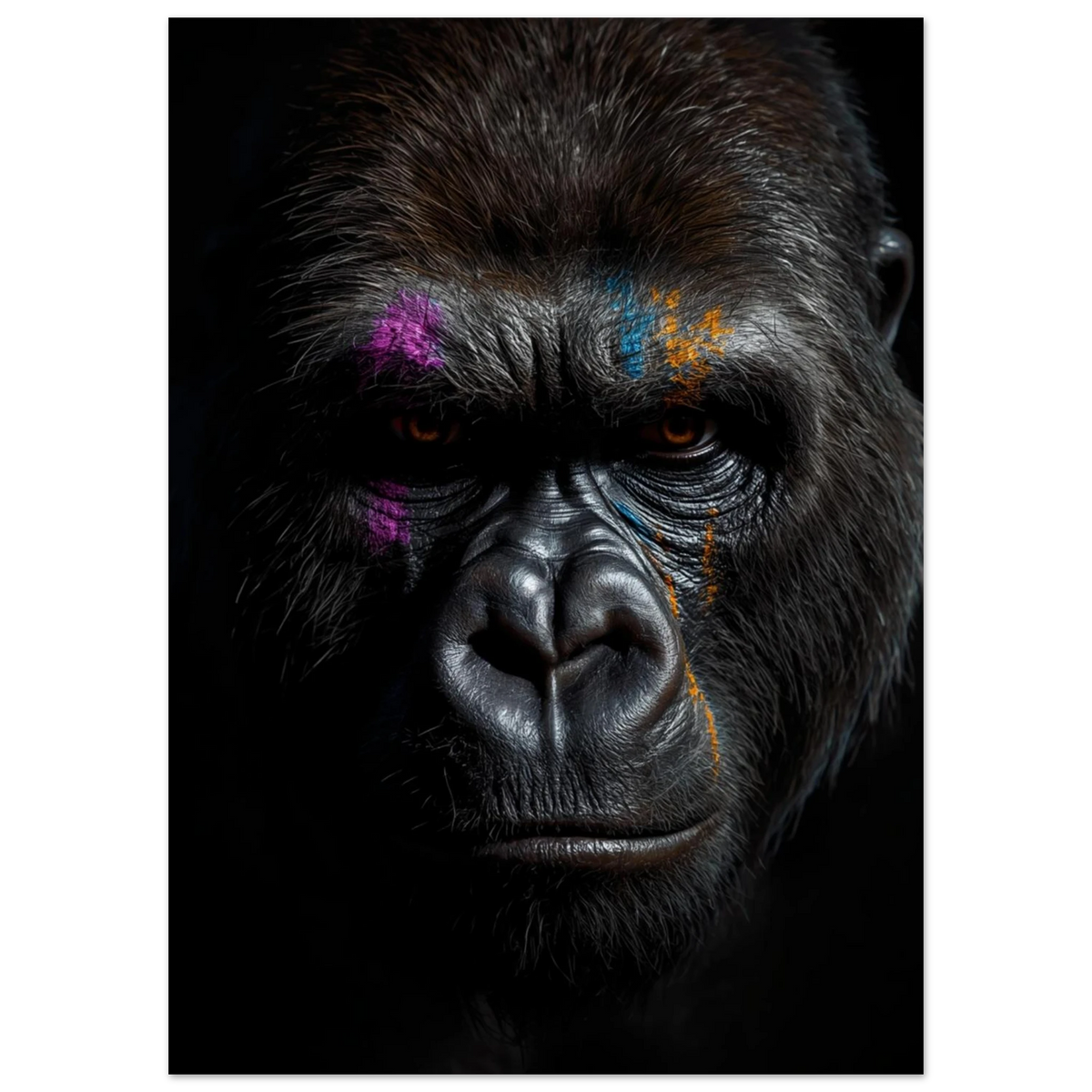 Närbild på gorilla med färgstarka detaljer mot mörk bakgrund – modern tavla