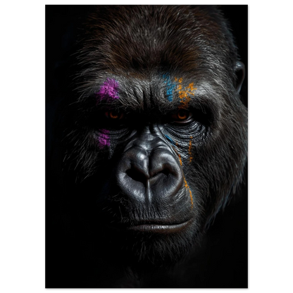 Närbild på gorilla med färgstarka detaljer mot mörk bakgrund – modern tavla