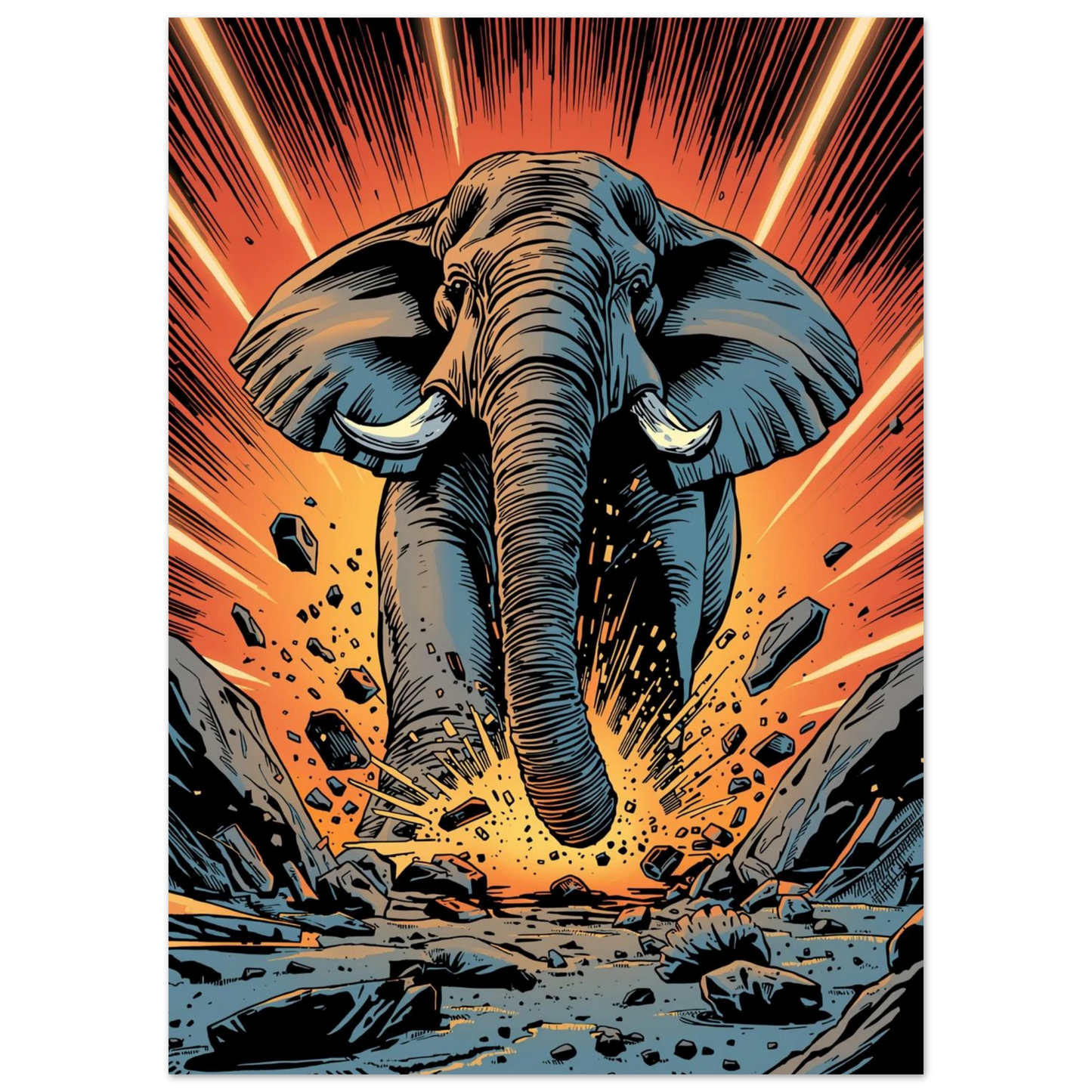 Kraftfull elefant i dynamisk seriekonststil med varma orangea bakgrundstoner