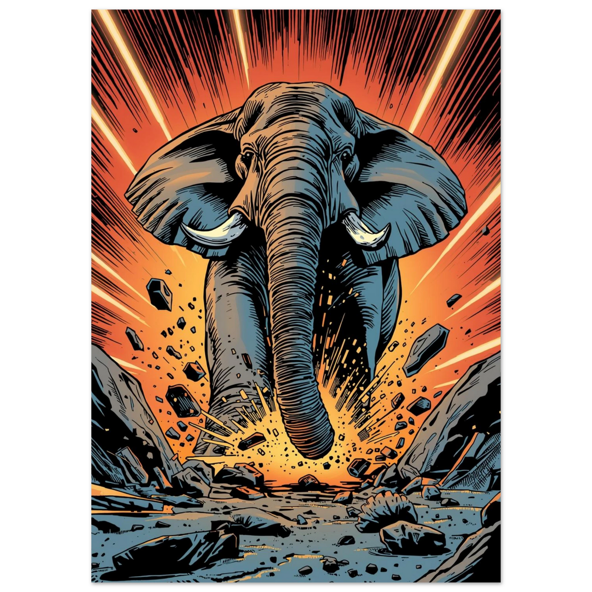 Kraftfull elefant i dynamisk seriekonststil med varma orangea bakgrundstoner