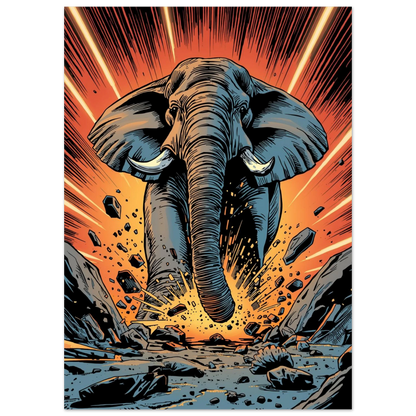 Kraftfull elefant i dynamisk seriekonststil med varma orangea bakgrundstoner