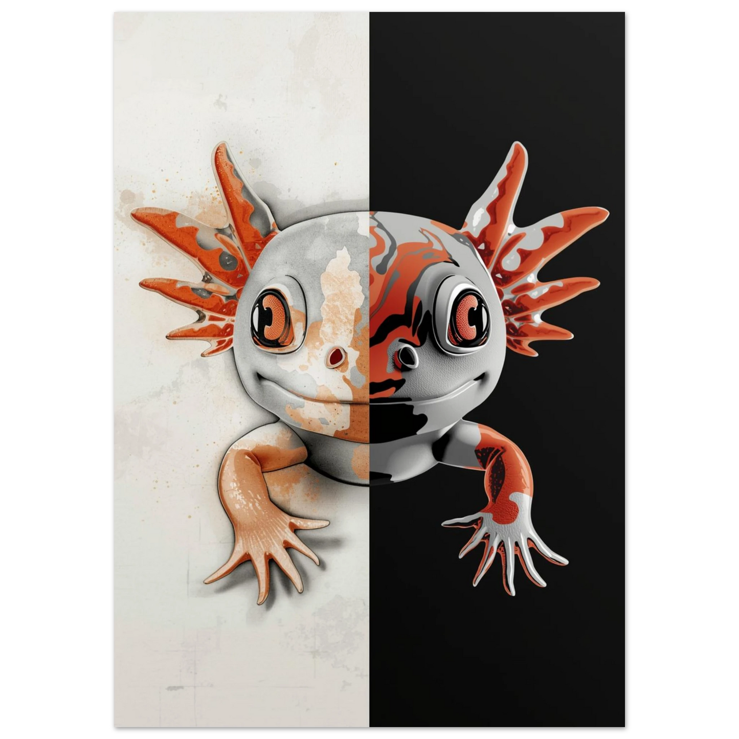 Konstnärlig axolotlposter med vertikal delning mellan akvarell och grafisk stil