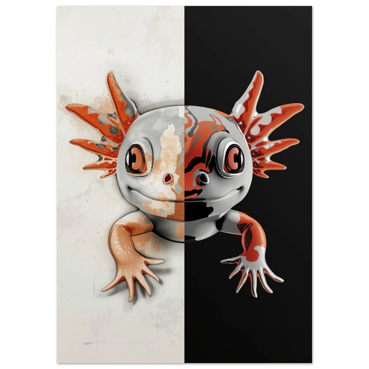 Konstnärlig axolotlposter med vertikal delning mellan akvarell och grafisk stil