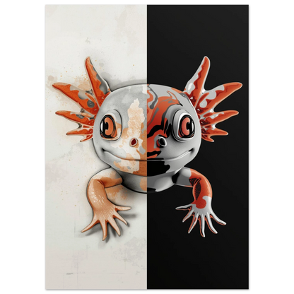 Konstnärlig axolotlposter med vertikal delning mellan akvarell och grafisk stil