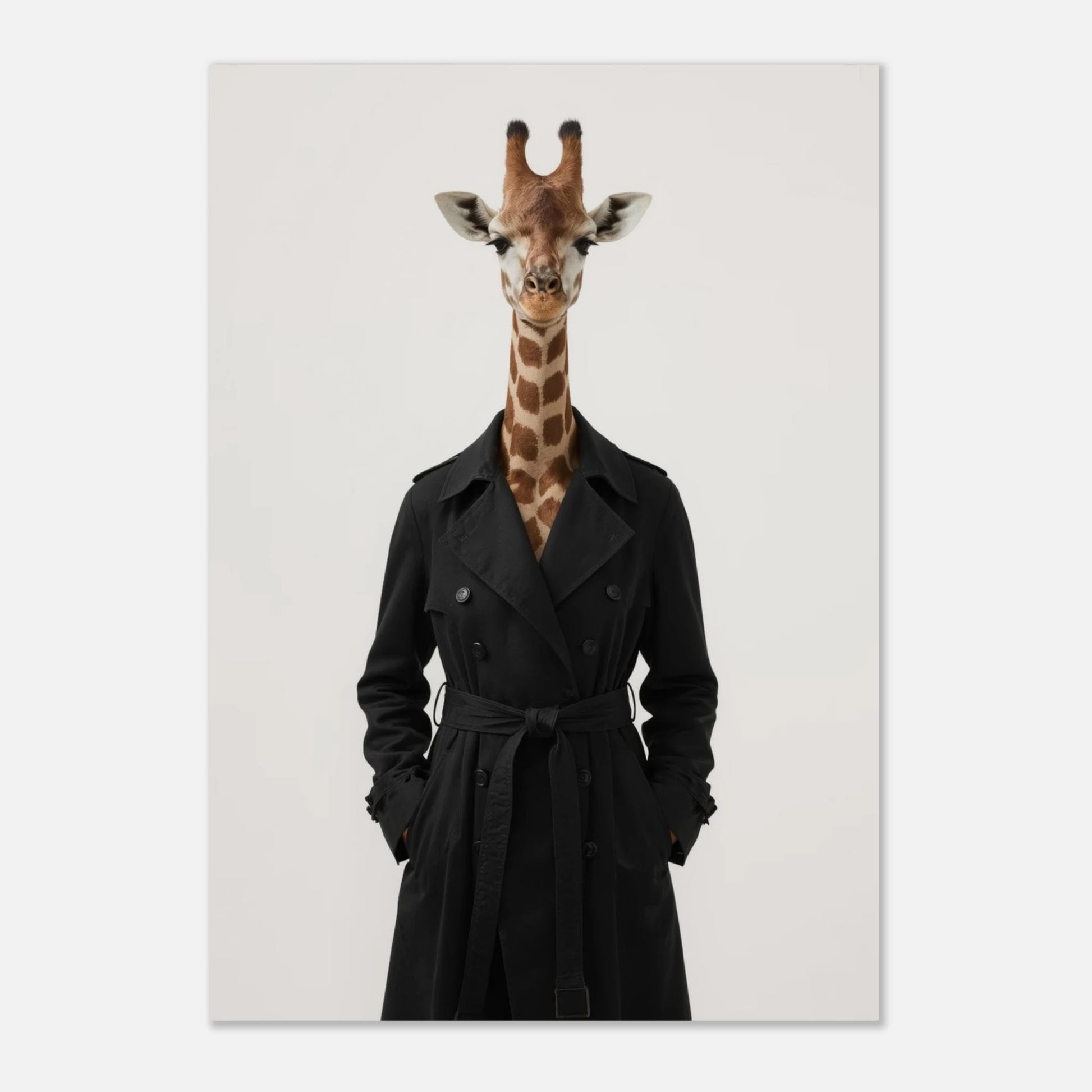 Unik fotokonst föreställande en giraff i mänskliga kläder, trendigt motiv