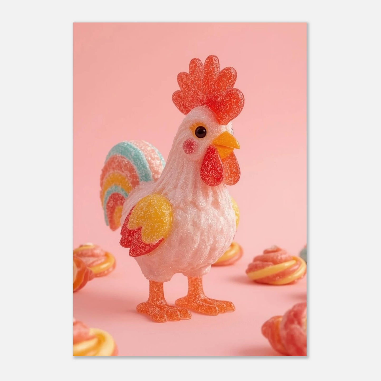 Konstnärlig illustration av en godisinspirerad tupp i mjuka rosa toner