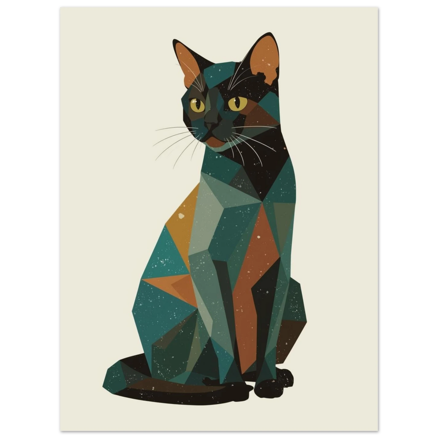 Stiliserad kattillustration med geometriska former och gulaktiga ögon