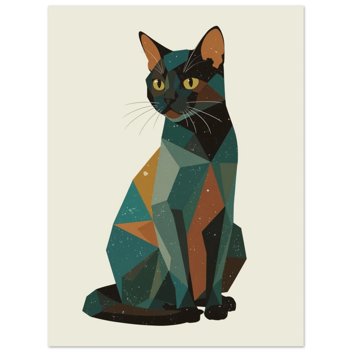 Stiliserad kattillustration med geometriska former och gulaktiga ögon