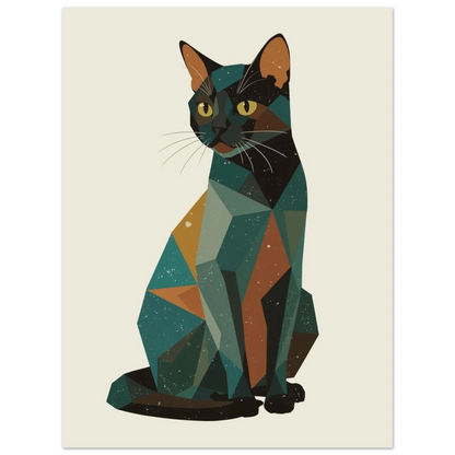 Stiliserad kattillustration med geometriska former och gulaktiga ögon