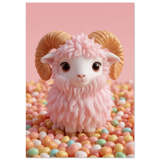 Rosa lamm av fluffig sockervadd med gyllene horn bland gelébönor