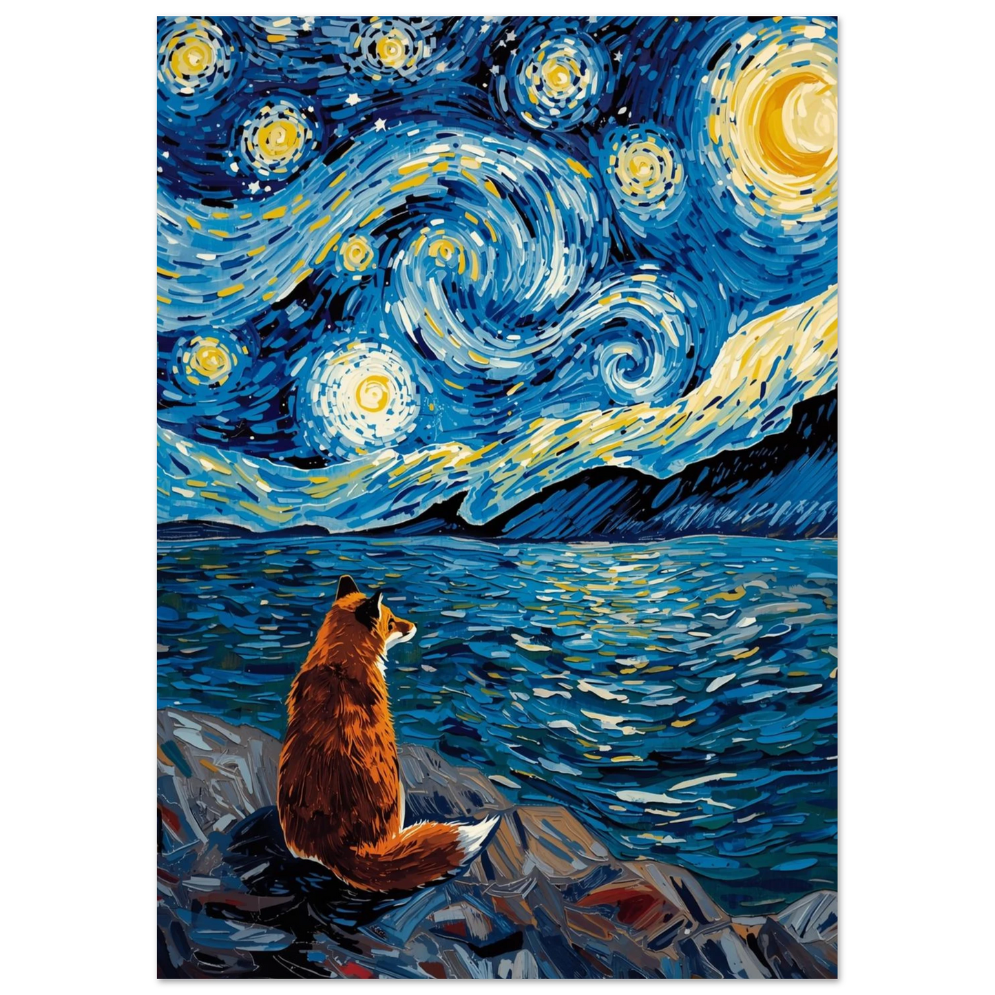 Röd räv sittande på klippa vid blått hav, stjärnklar nattlig illustration