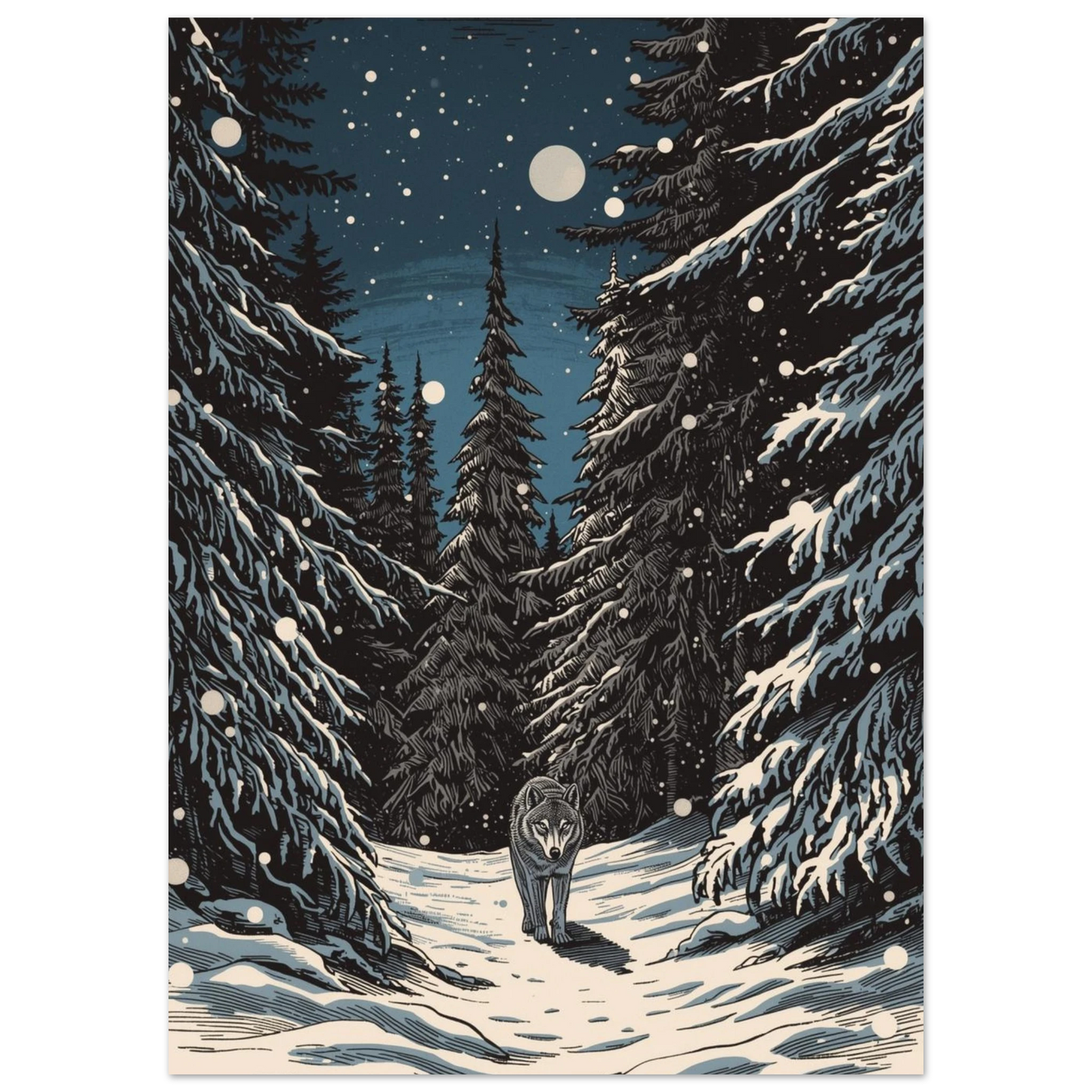 Närbild på vargmotiv i vinternatt med fallande snöflingor och granar