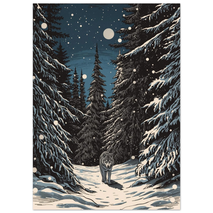 Närbild på vargmotiv i vinternatt med fallande snöflingor och granar