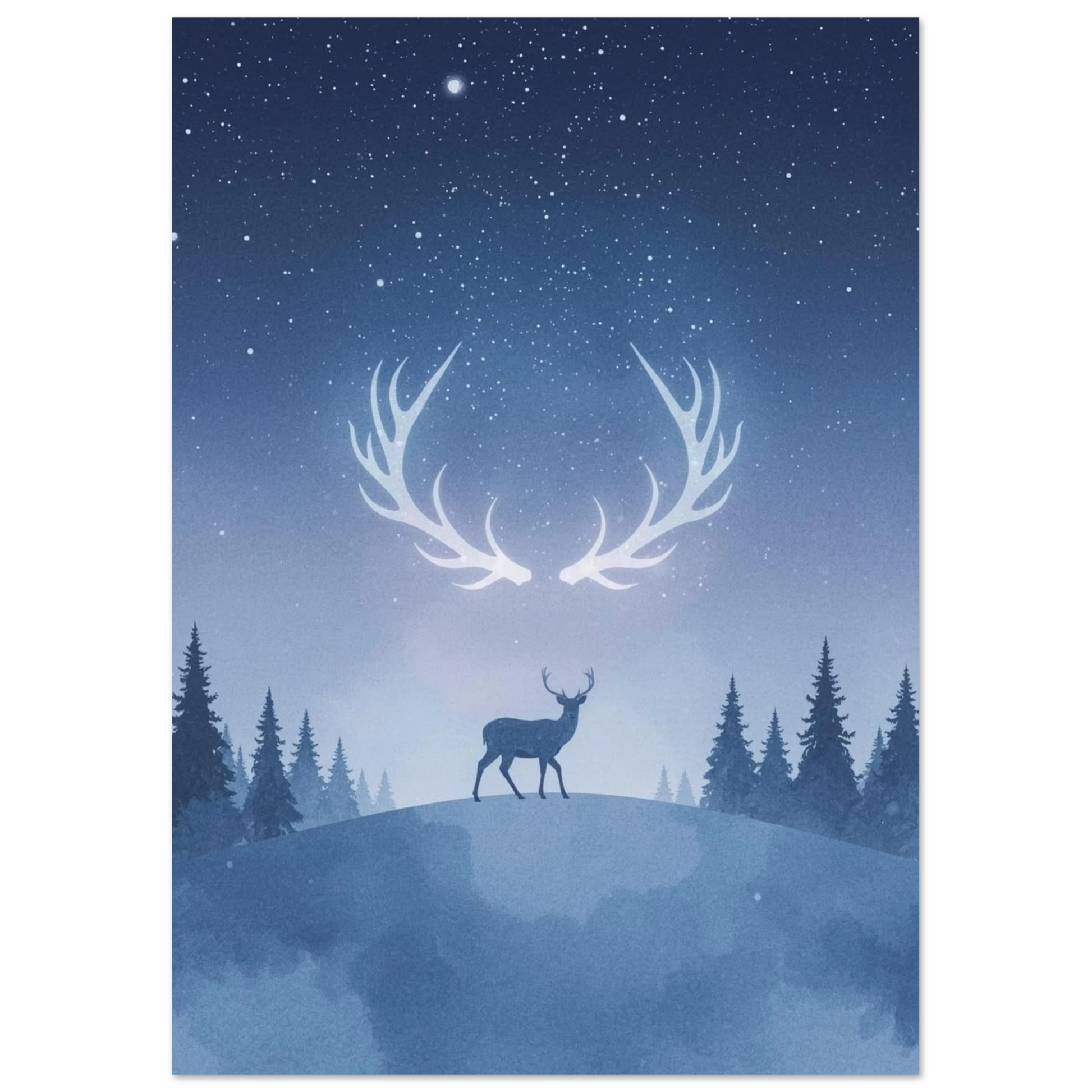 Illustration av hjort på snötäckt kulle under midnattsblå himmel – djurmotiv