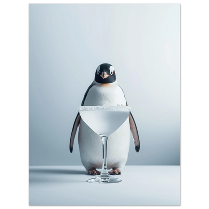 Svartvit pingvin i ljus miljö med ett frostat martini-glas