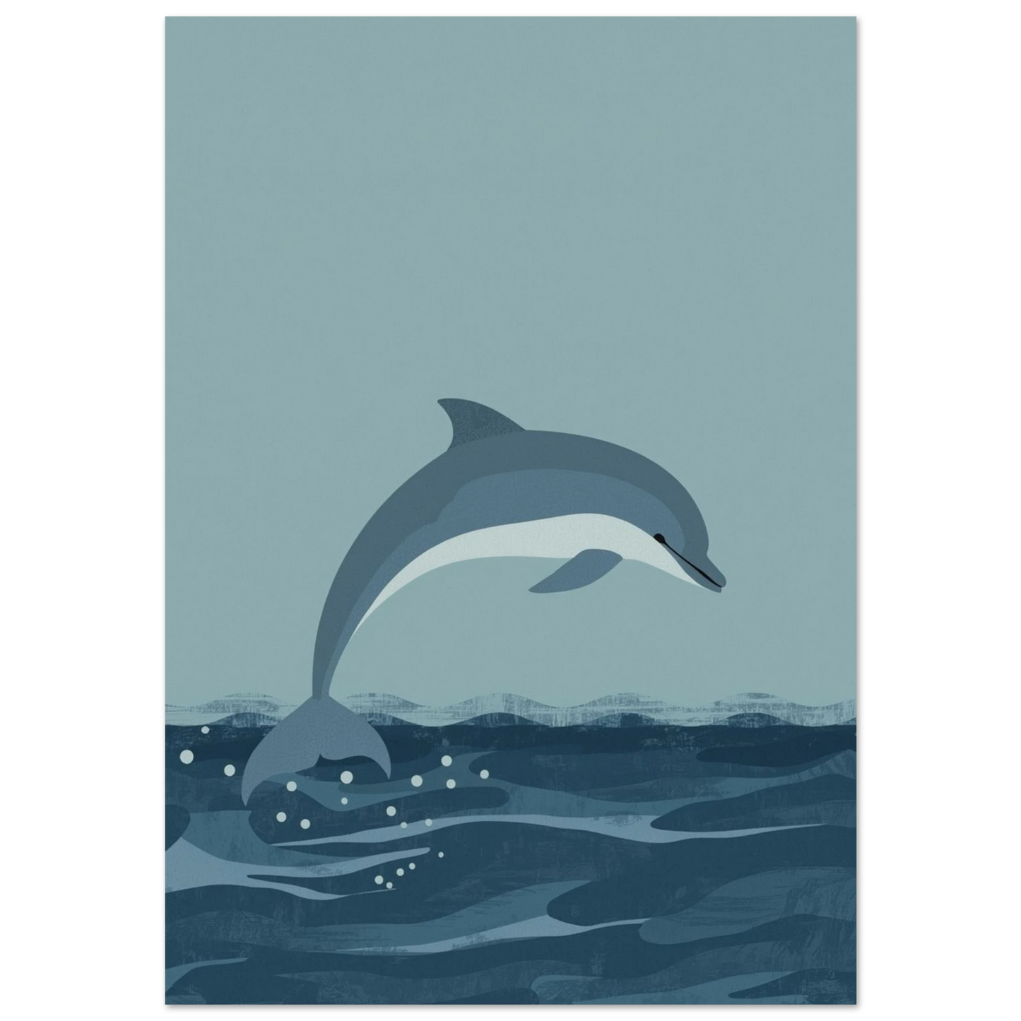 Hoppande delfin över mörkblå vågor i minimalistisk illustrationsstil, marin poster