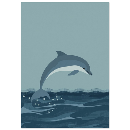 Hoppande delfin över mörkblå vågor i minimalistisk illustrationsstil, marin poster