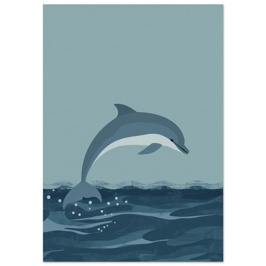 Hoppande delfin över mörkblå vågor i minimalistisk illustrationsstil, marin poster