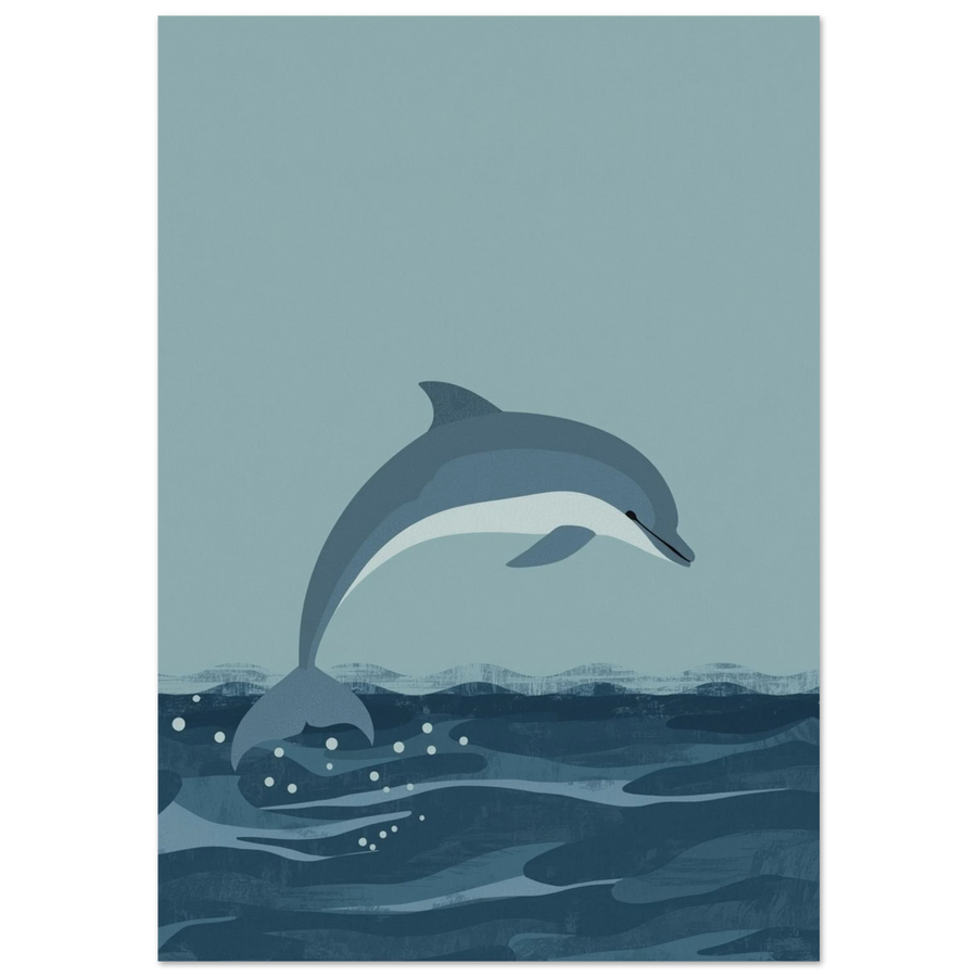 Hoppande delfin över mörkblå vågor i minimalistisk illustrationsstil, marin poster