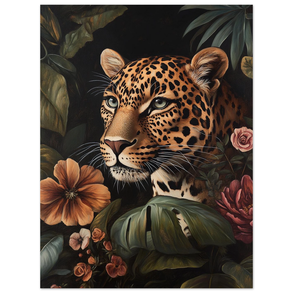 Detaljrik leopardposter med varma blomtoner mot svart bakgrund – djurmotiv
