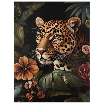 Detaljrik leopardposter med varma blomtoner mot svart bakgrund – djurmotiv