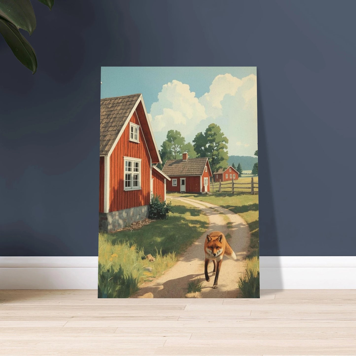 Räv på grusväg i svensk landsbygd med röda stugor
