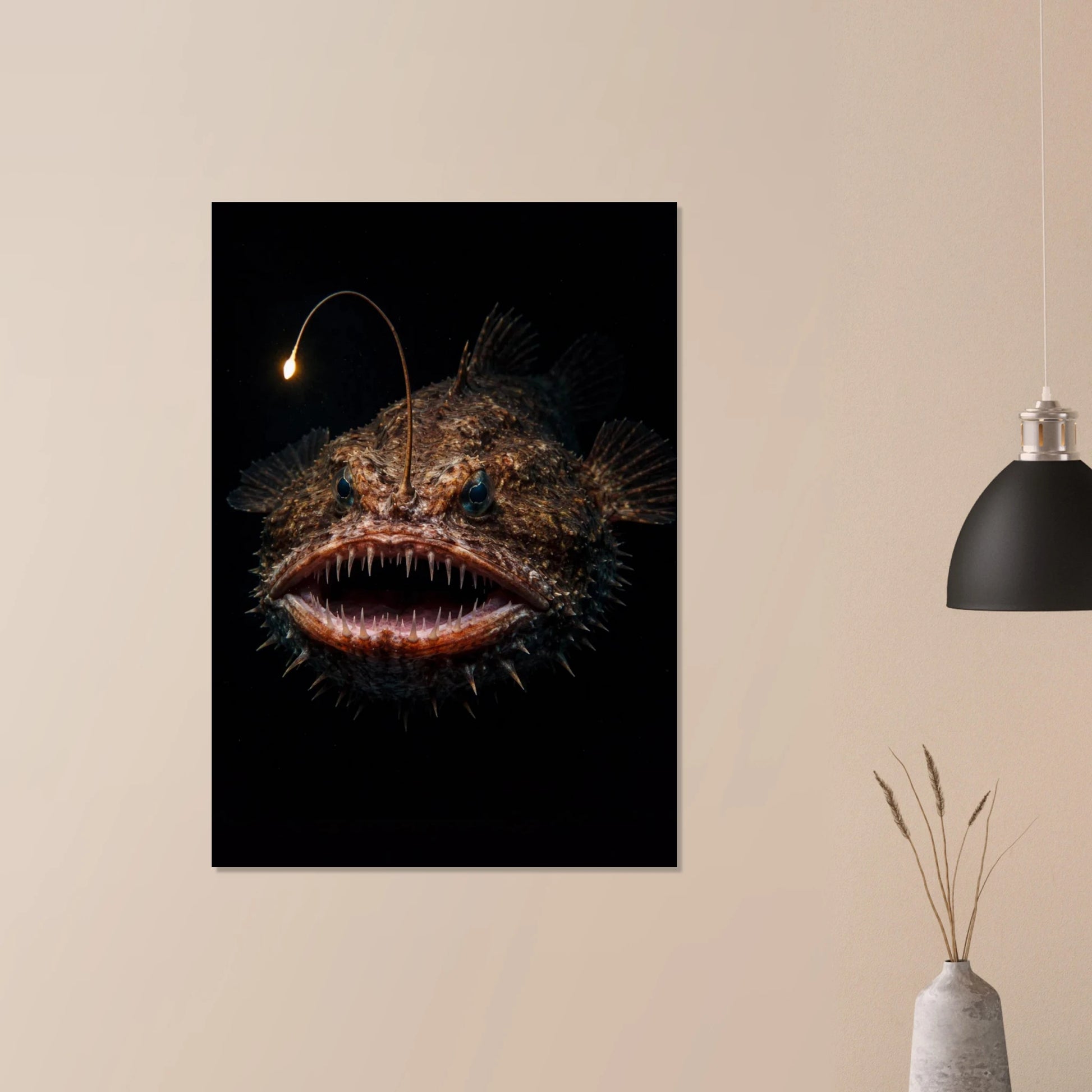 Marulk poster på en vägg i ett rum med hängande lampa – Fotorealistisk poster