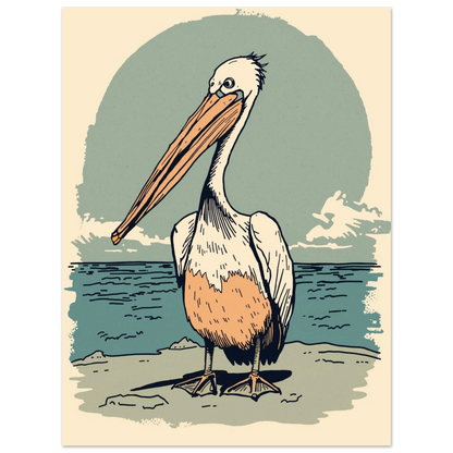 Stämningsfullt motiv med en pelikan på stranden i klassisk tecknad stil