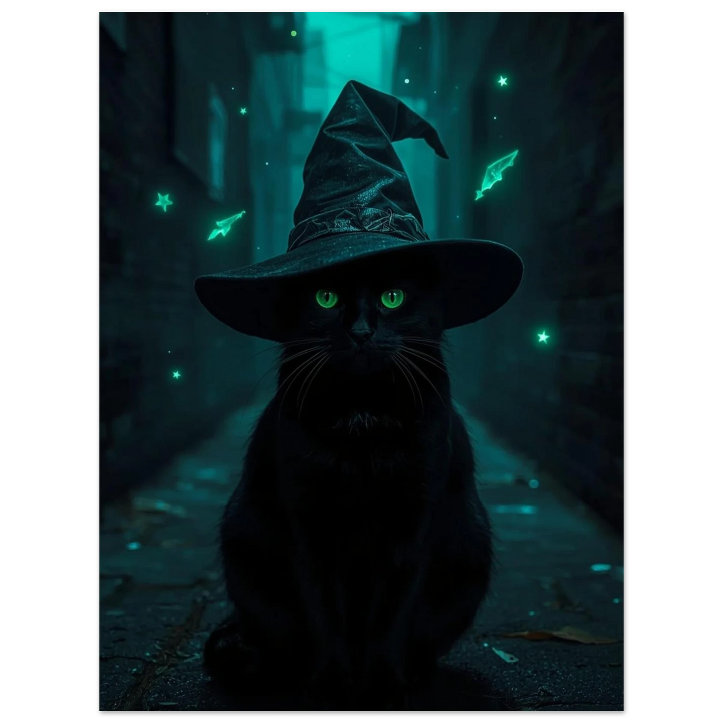 Ockult djurmotiv med svart katt och glödande ögon, grafisk poster