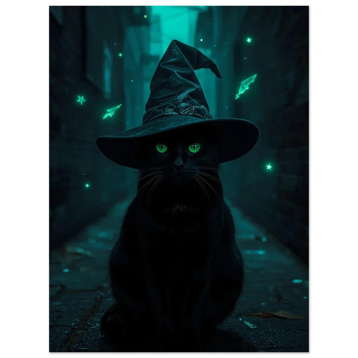 Ockult djurmotiv med svart katt och glödande ögon, grafisk poster