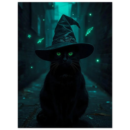 Ockult djurmotiv med svart katt och glödande ögon, grafisk poster