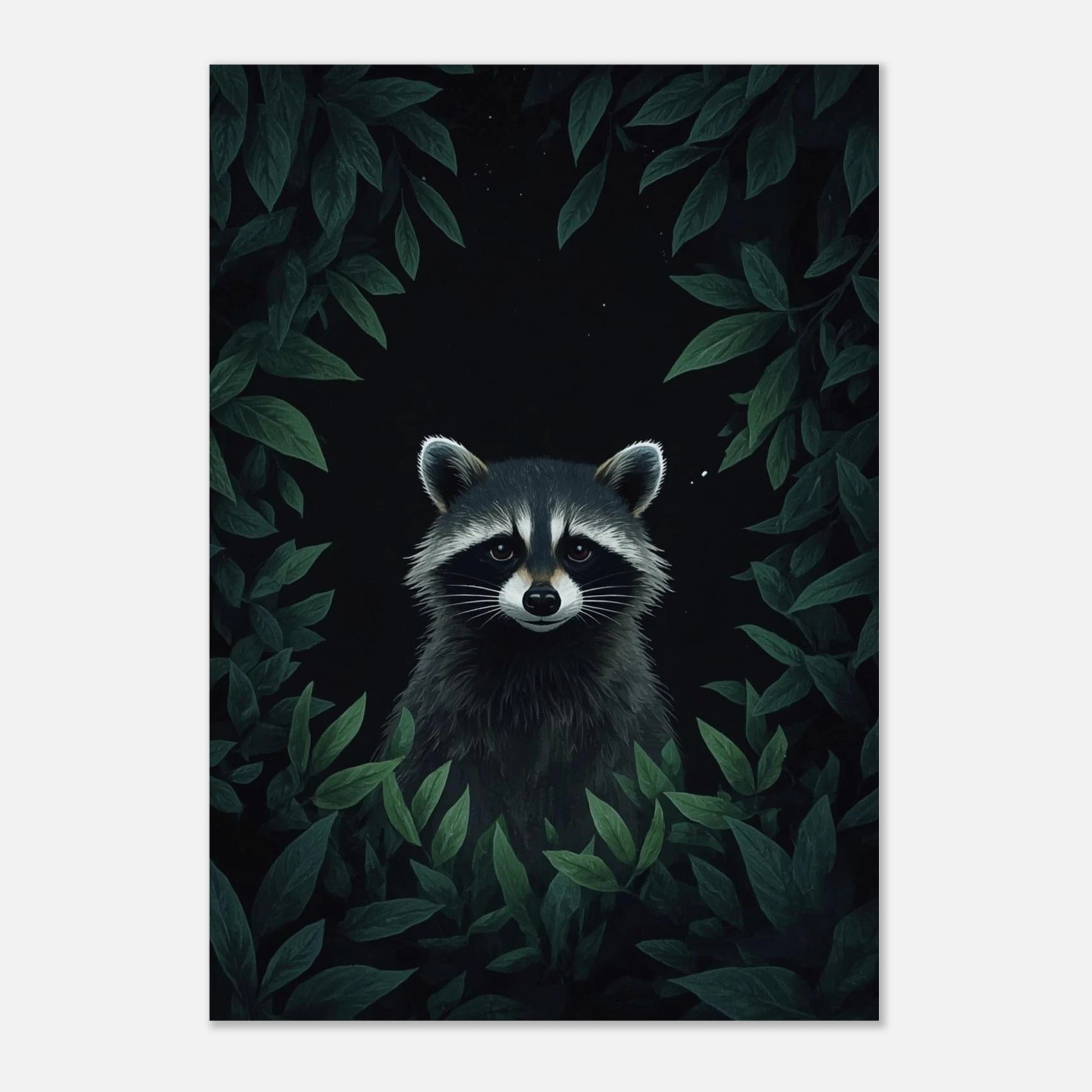 Konstnärligt print av en tvättbjörn i midnattsljus med botaniska detaljer