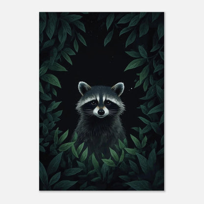 Konstnärligt print av en tvättbjörn i midnattsljus med botaniska detaljer