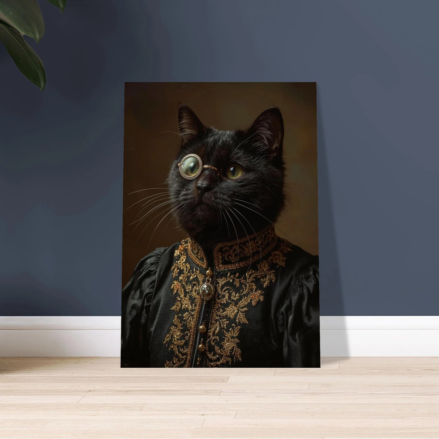 Svart katt med monokel i elegant guldskimrande klädsel, mystisk atmosfär