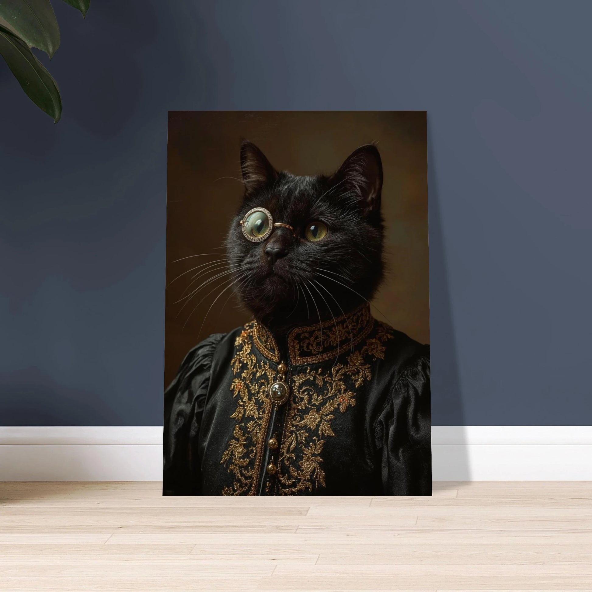 Svart katt med monokel i elegant guldskimrande klädsel, mystisk atmosfär