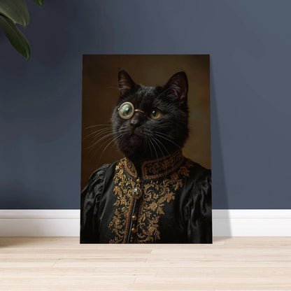 Svart katt med monokel i elegant guldskimrande klädsel, mystisk atmosfär
