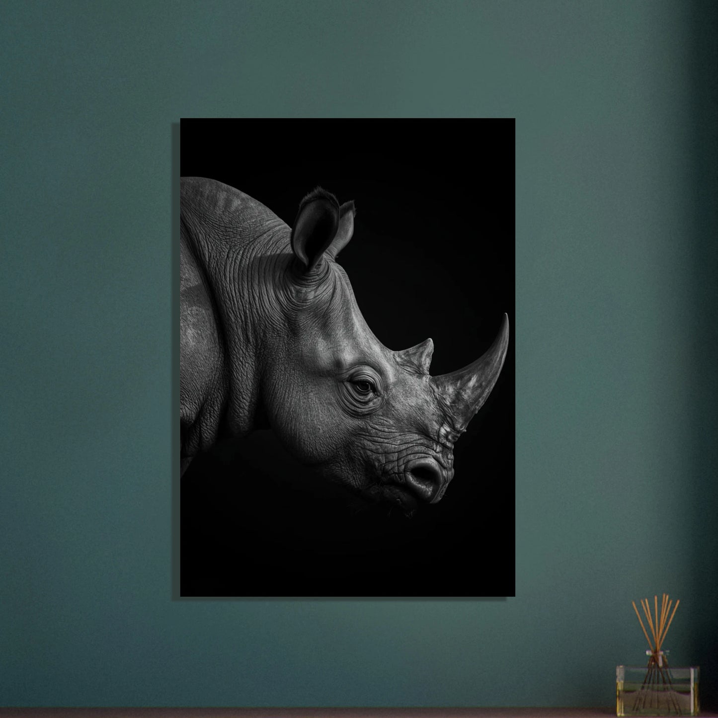 Noshörningens majestätiska profil i svartvitt, med detaljerad hud och horn.