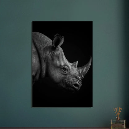 Noshörningens majestätiska profil i svartvitt, med detaljerad hud och horn.