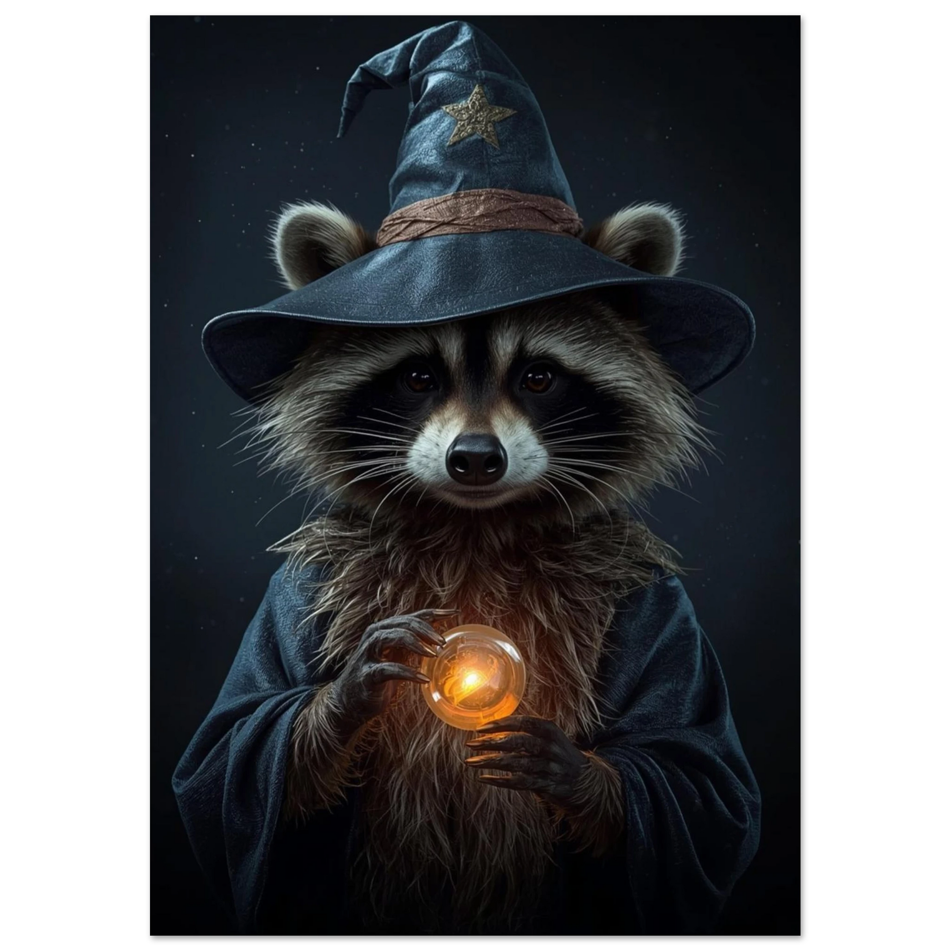 Mörk fantasy-poster med en tvättbjörn i mörkblå trollkarlsklädnad