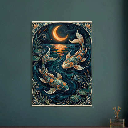 Koi-fiskar under månen i Art Nouveau-stil, oljemålning