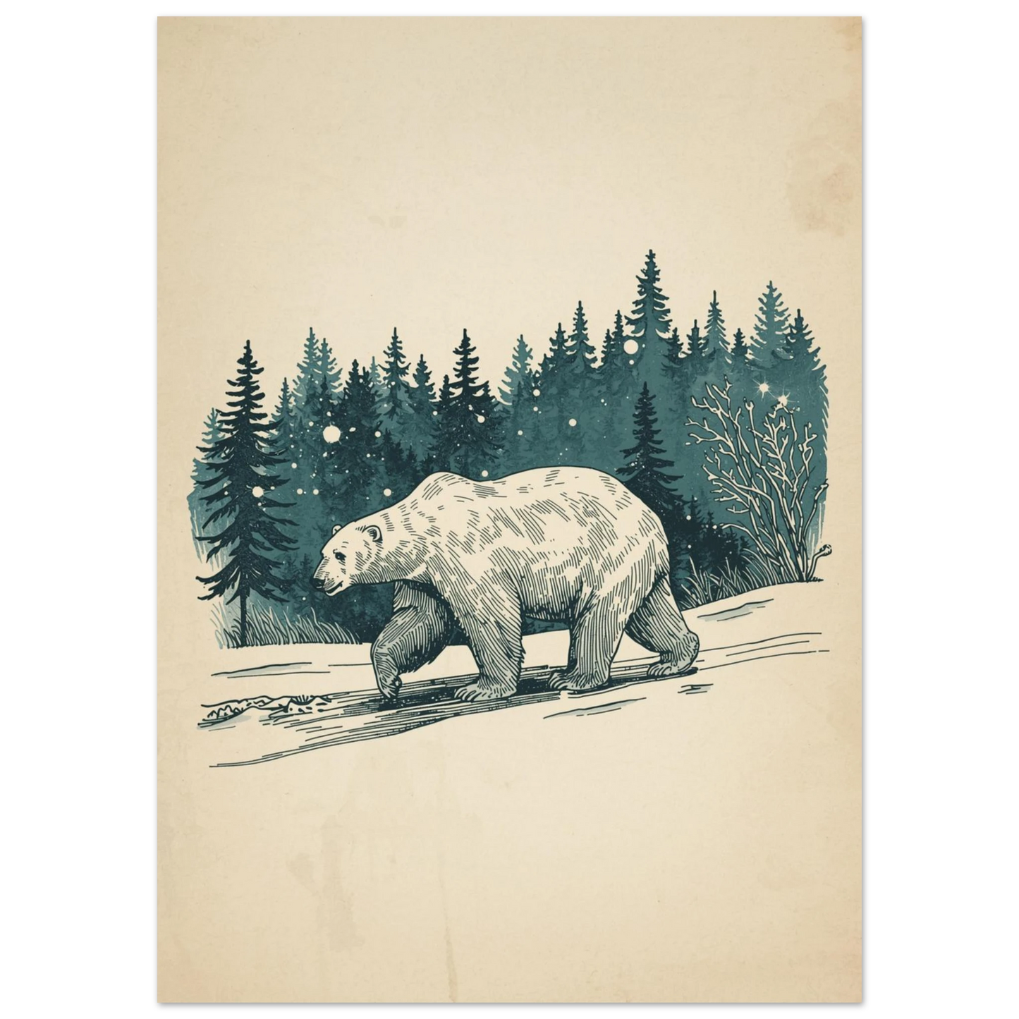 Detaljerad illustration av isbjörn som vandrar genom snöig skog i skymningsljus