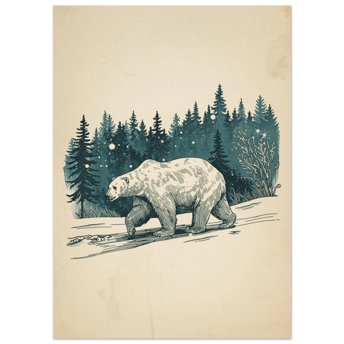 Detaljerad illustration av isbjörn som vandrar genom snöig skog i skymningsljus