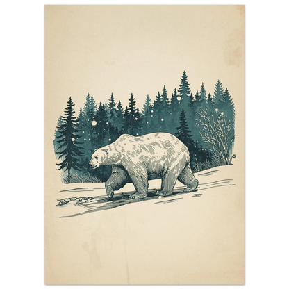 Detaljerad illustration av isbjörn som vandrar genom snöig skog i skymningsljus