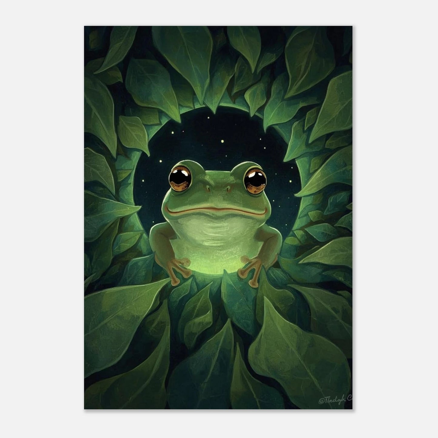 Illustration av en leende groda i en grönskande inramning, djurmotiv
