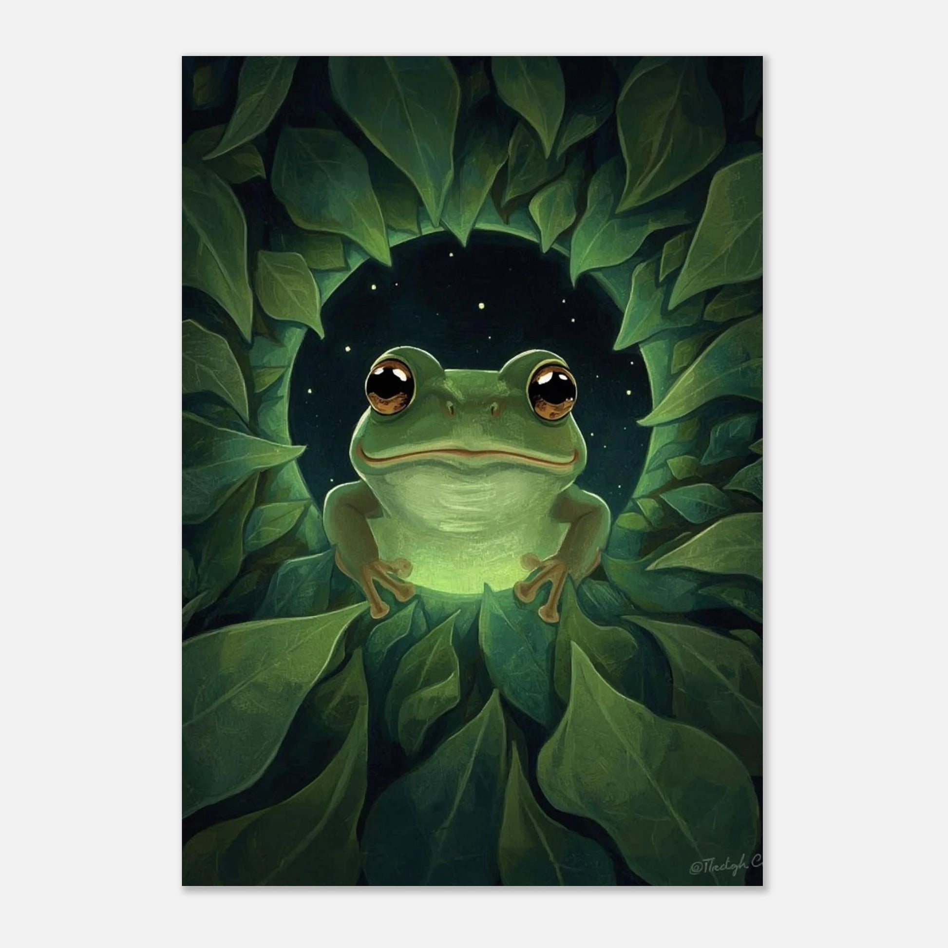 Illustration av en leende groda i en grönskande inramning, djurmotiv