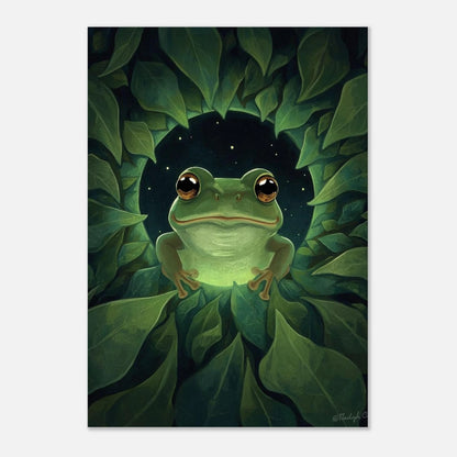 Illustration av en leende groda i en grönskande inramning, djurmotiv