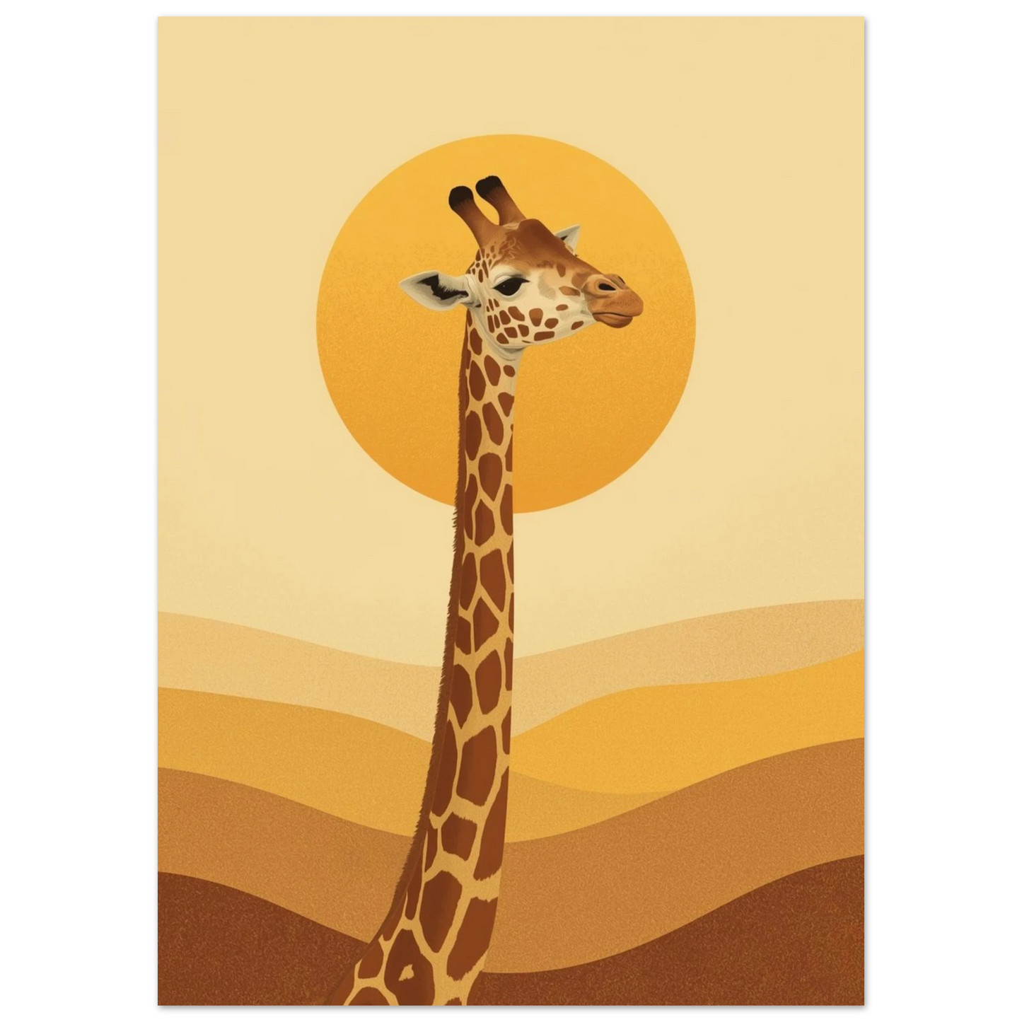 Minimalistisk illustration av giraff med lång hals i ockrafärgade toner