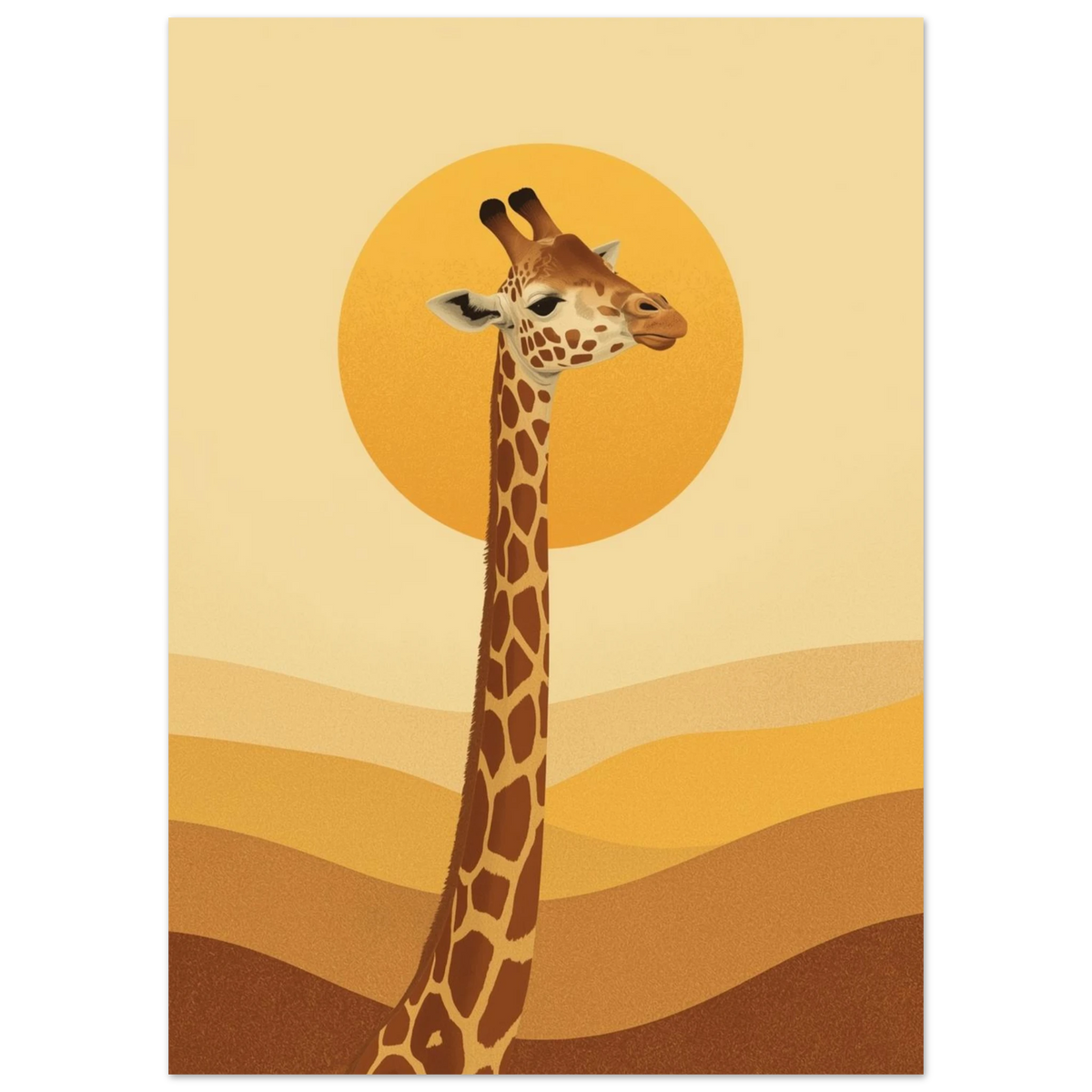 Minimalistisk illustration av giraff med lång hals i ockrafärgade toner