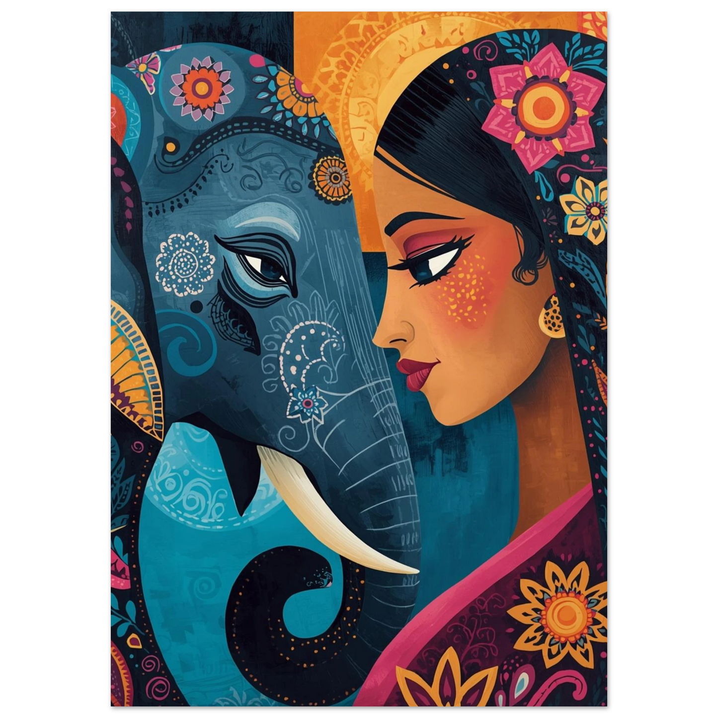 Närbild på ornamenterad blå elefant och kvinna i indisk konststil