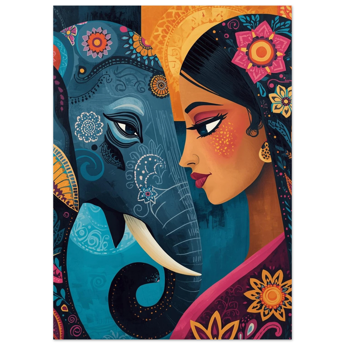 Närbild på ornamenterad blå elefant och kvinna i indisk konststil